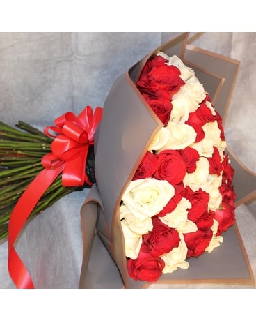 50-100 Red and White Roses Flower Arrangement